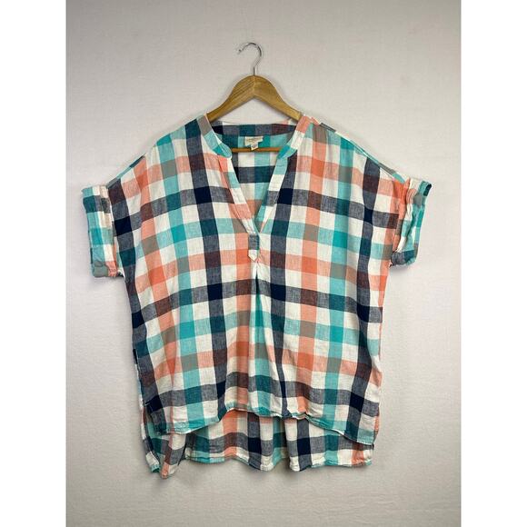 St Johns Bay Short Sleeve Relaxed Checkered Plaid Shirt - Size Large Linen - Picture 1 of 12